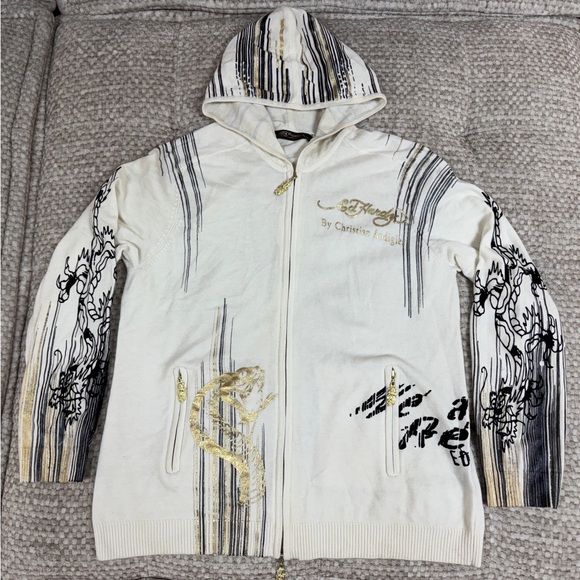 Ed Hardy Demon Hooded Wool Blend Full Zip Sweater Cardigan Large RARE